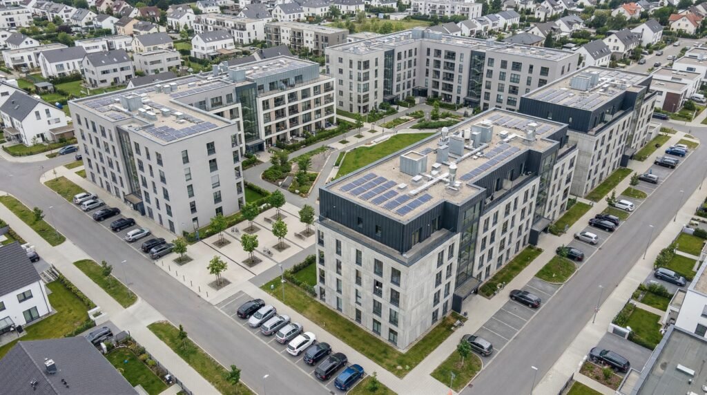 Budynek wielorodzinny koncepcja dzień AI